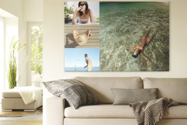 Fotocollage über einem Wohnzimmersofa