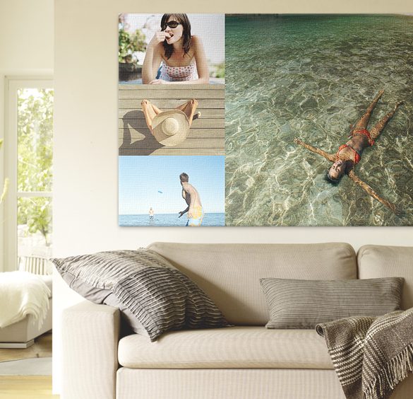 Fotocollage über einem Wohnzimmersofa